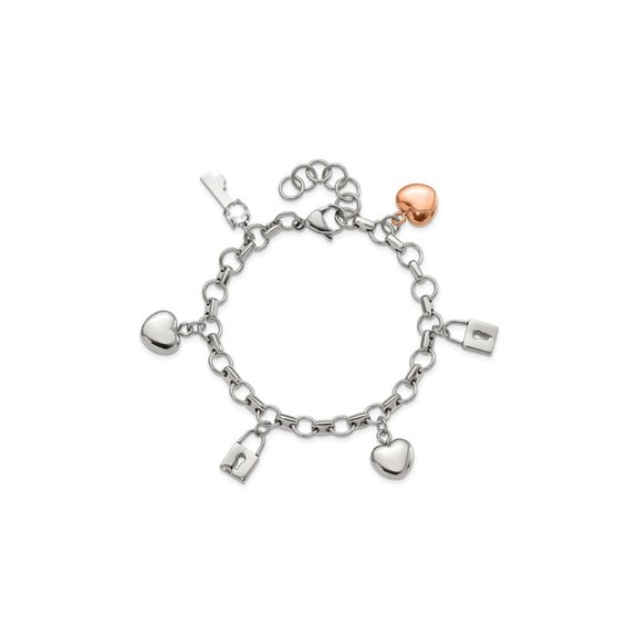 Gem & Harmony Stainless Steel Heart, Lock and Key Charm Bracelet (8.5 inches) for Women