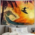 thumbnail image 2 of Chilfamy  Grunge Tapestry, Illustration of Tropical Island Surfer on Sea Waves and Palms at Sunset, Wide Wall Hanging for Bedroom Living Room Dorm, Orange Turquoise  40x30inch, 2 of 6