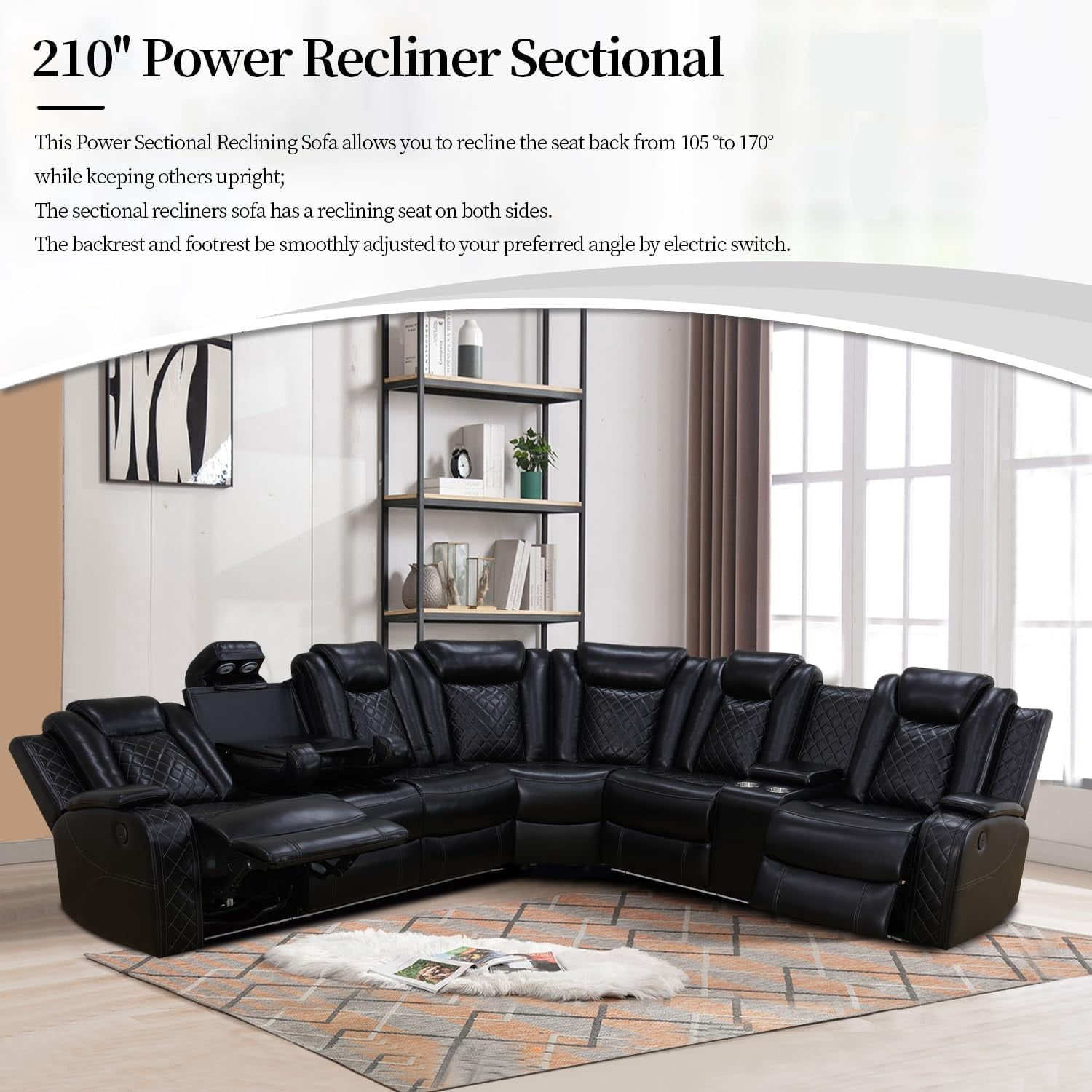 TrumanPick Power Electric Recliner Leather Sofa Chair Set with LED Lights Couches for Living Room Furniture with USB Port, Cup Holders, Black