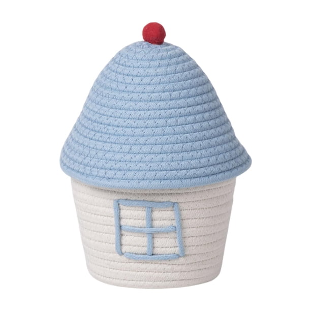Cesta de almacenamiento tejida a mano, cesta para juguetes, multiusos, con tapa, contenedor para artículos diversos, hogar Azul y blanco