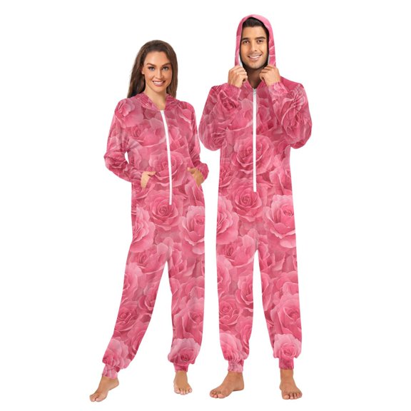 Adult Onesie Pajamas for Women and Men Loose Fit Full-Zip One-Piece Sleepwear with Pockets Seamless Pattern with Pink Rose X-Small