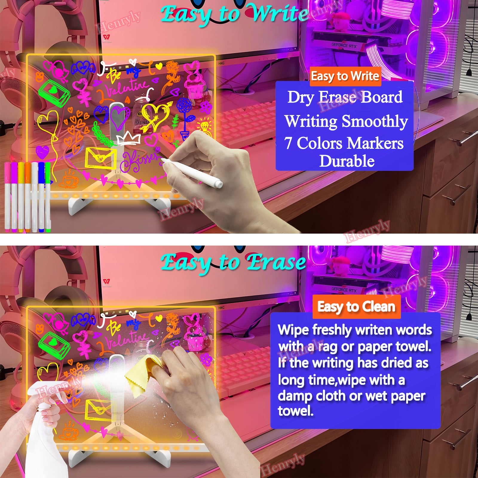 11.8*7.9 Inch Acrylic Dry Erase Board with Light- Dimmable LED Note Board with 7 Colors Pen - Glowing Acrylic Message Note Board, Light up Dry Erase Board with Stand as a Glow Memo Board
