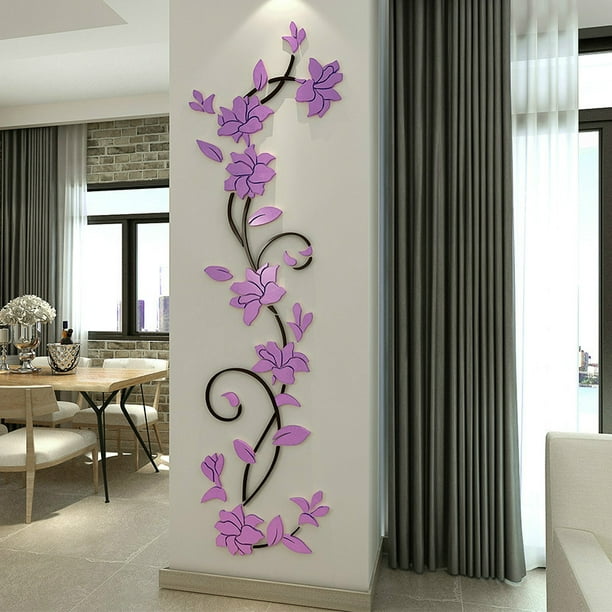 Mural de flores de ratán 3D para sala de estar, dormitorio, sofá, fondo de pared de TV, regalo creativo, calcomanía de decoración de pared (59 (alto) x 17,7 (ancho) pulgadas, morado claro) JAMW Sencillez