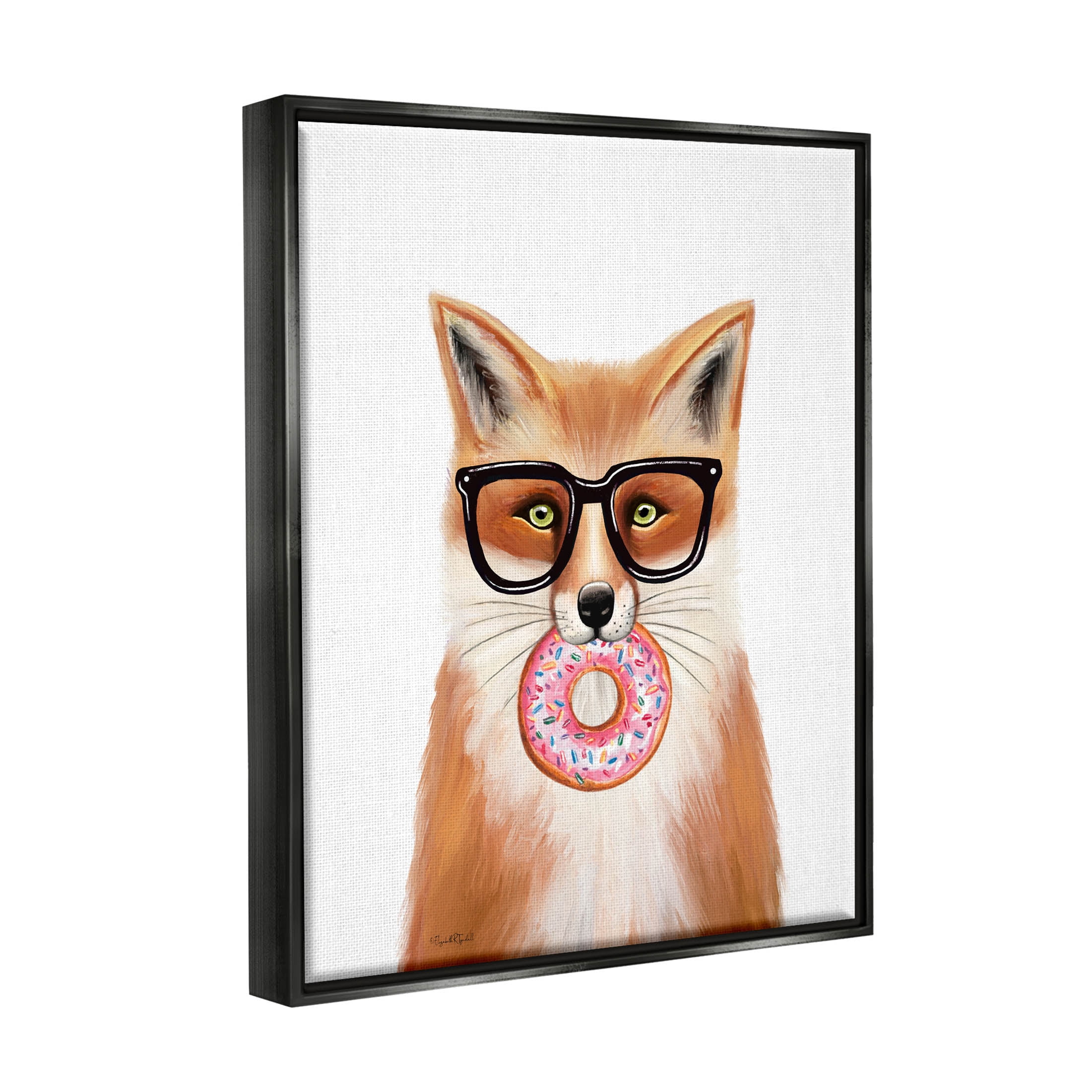 Stupell Industries Fox Holding Donut Wearing Glasses Graphic Art Jet Black Floating Framed Canvas Print Wall Art, Design by Elizabeth Tyndall
