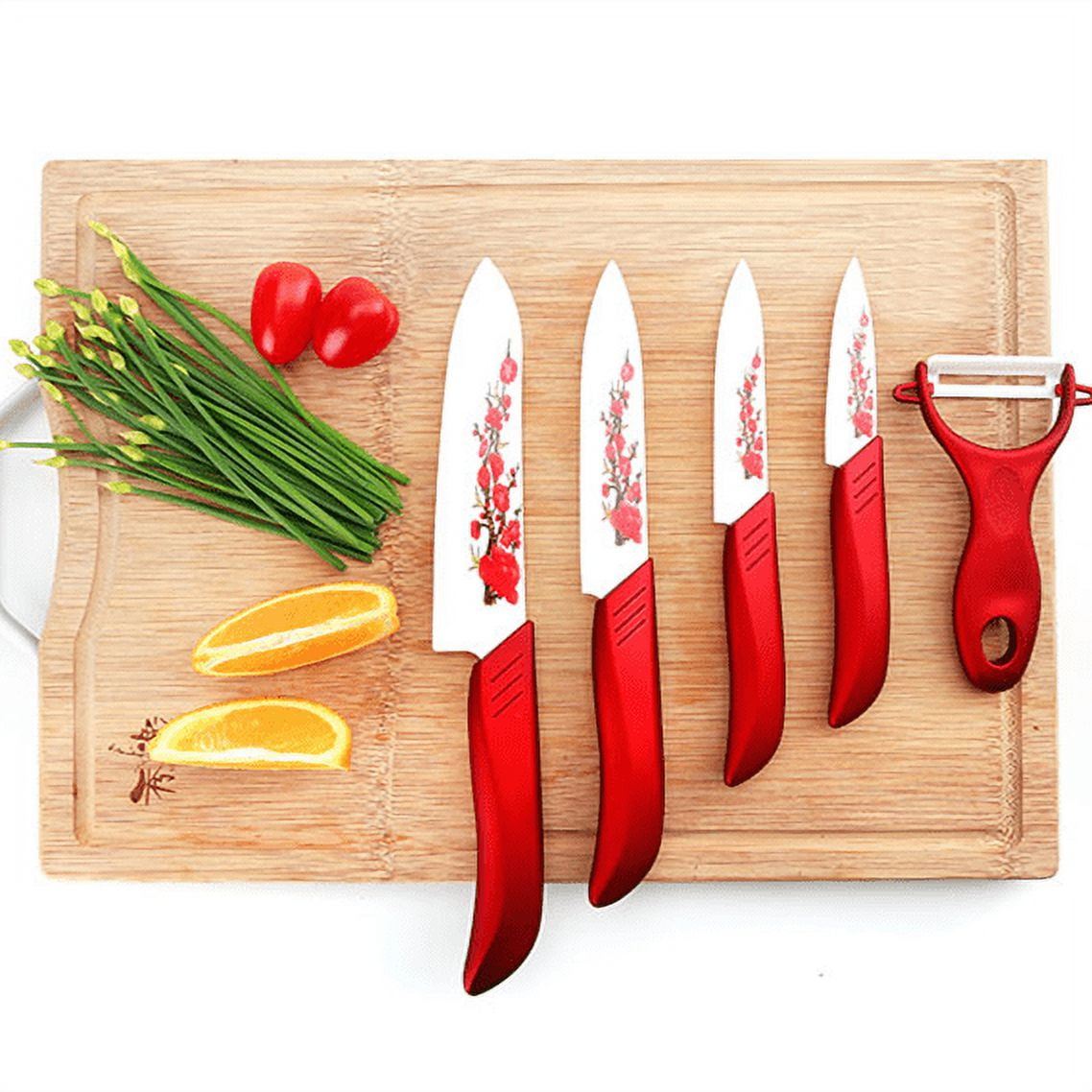 6 pcs Professional Ceramic Kitchen Knife Set with Peeler and Holder (6" Chef's/5" Utility/4" Fruit/3" Paring) - Ceramic Kitchen Cutlery/ Ceramic Knife Set (Red)