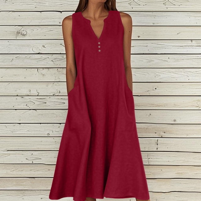 Robes Femmes, Robes d'Été pour Femmes Couleur Unie Sans Manches Bouton Col en V Robes Longueur Genou avec Poches