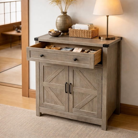 Farmhouse Coffee Bar Cabinet with Storage, Rustic Buffet Cabinet with Drawer & Barn Doors, Console Table for Kitchen, Dining Room & Entryway (Light Gray)