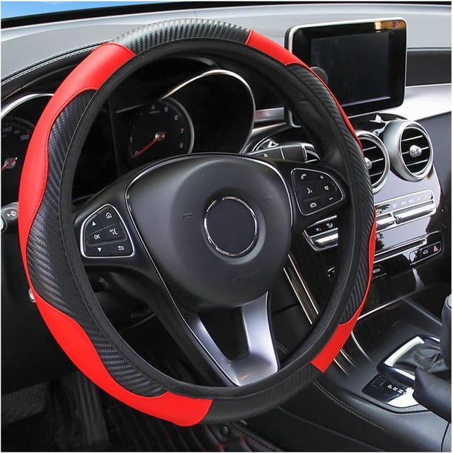 Funda para volante de coche de piel de fibra de carbono, universal, 15 pulgadas, ajuste, furgonetas, sedanes, coches, camiones (rojo alegría)