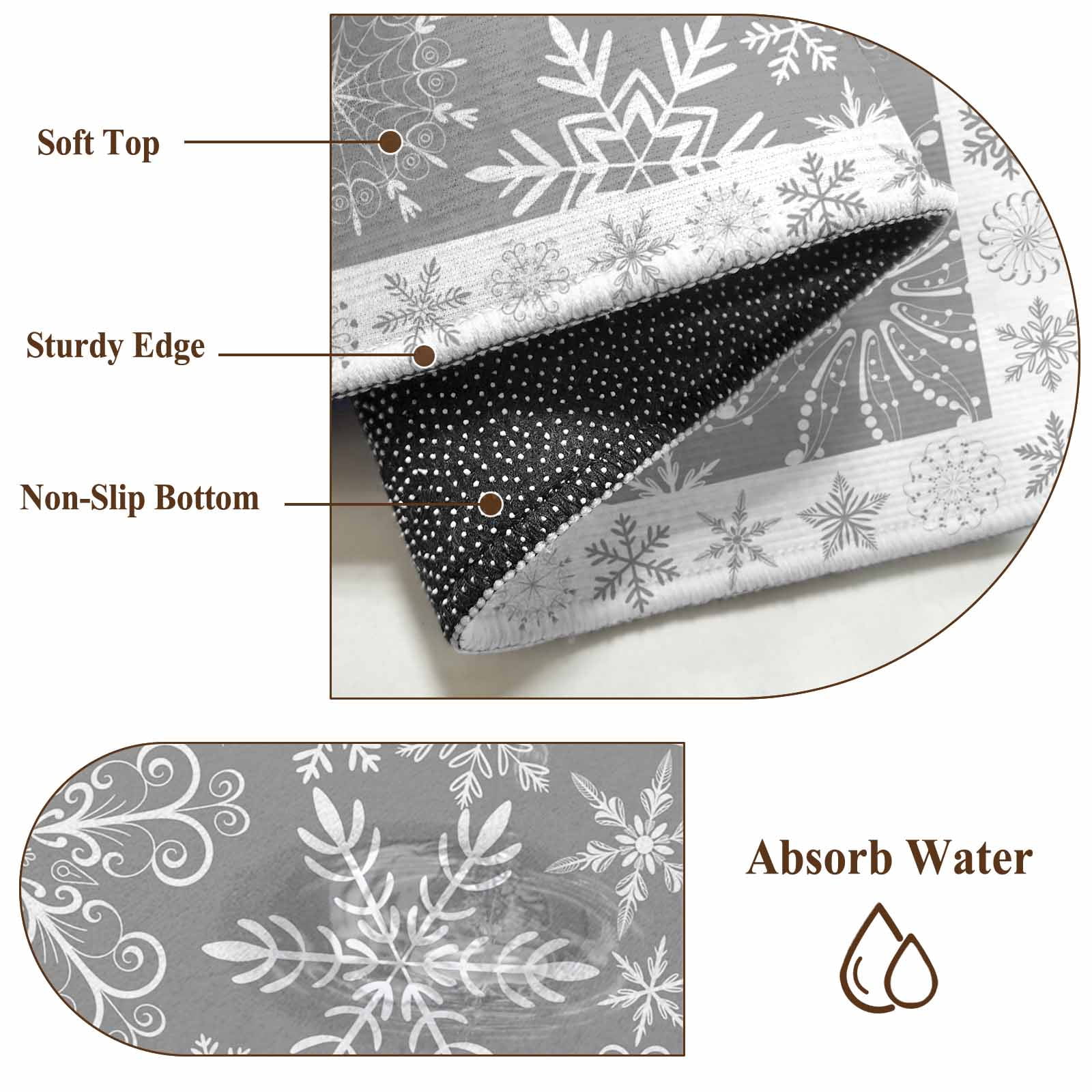 Snowflakes Christmas Kitchen Runner Rug 2x6 Washable Runners for Hallway Non Slip Grey Xmas Winter Vintage Large Area Rug Indoor Floor Carpet for Bathroom Laundry Entryway Bedroom Living Room