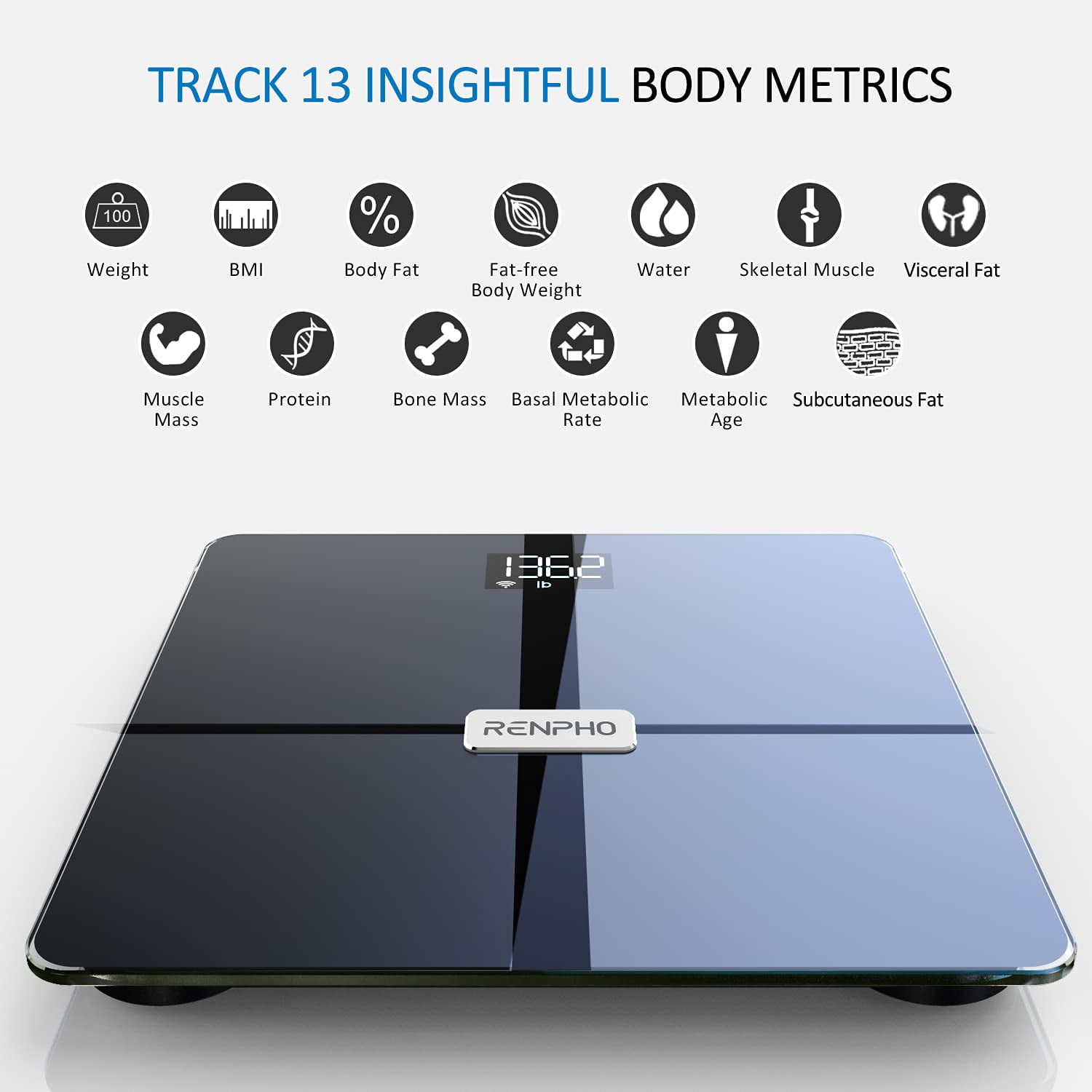 RENPHO Smart Body Fat Scale, Digital Bathroom Scale, Body Composition  Monitor Wireless Scale for Body Weight, BMI, Muscle Mass, Water Weight,  Sync 13 Data with Fitness App, 11x11 Inch 400lbs 11/280mm