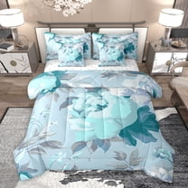 Homewish Vintage Cyan Flower Bedding Comforter Set 7pcs, Chic Watercolor Rose King Bedding Sets, Southwestern Theme Reversible Bed Sheets, Microfiber Bedroom Decor