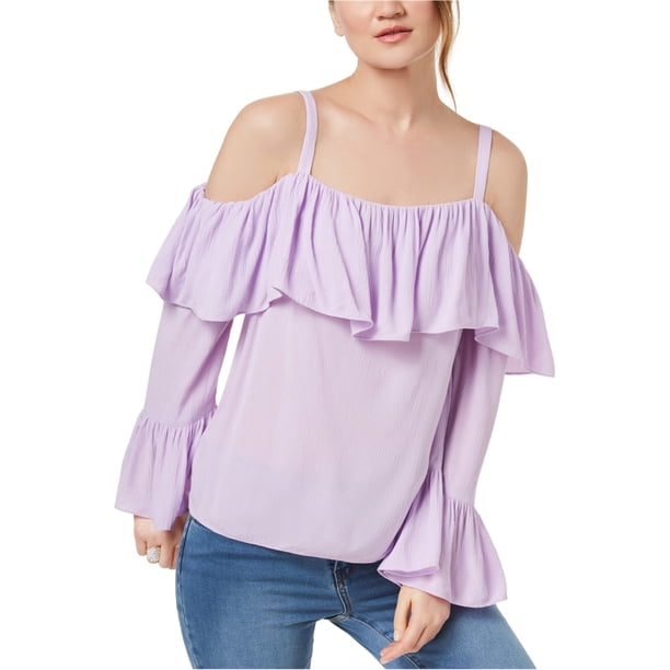 INC Blusa con volantes y hombros descubiertos para mujer, Púrpura, XS
