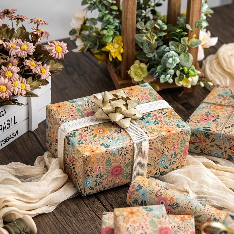 HOMERAL Colorful Floral Kraft Wrapping Paper Roll, 17" x 33' photo 3