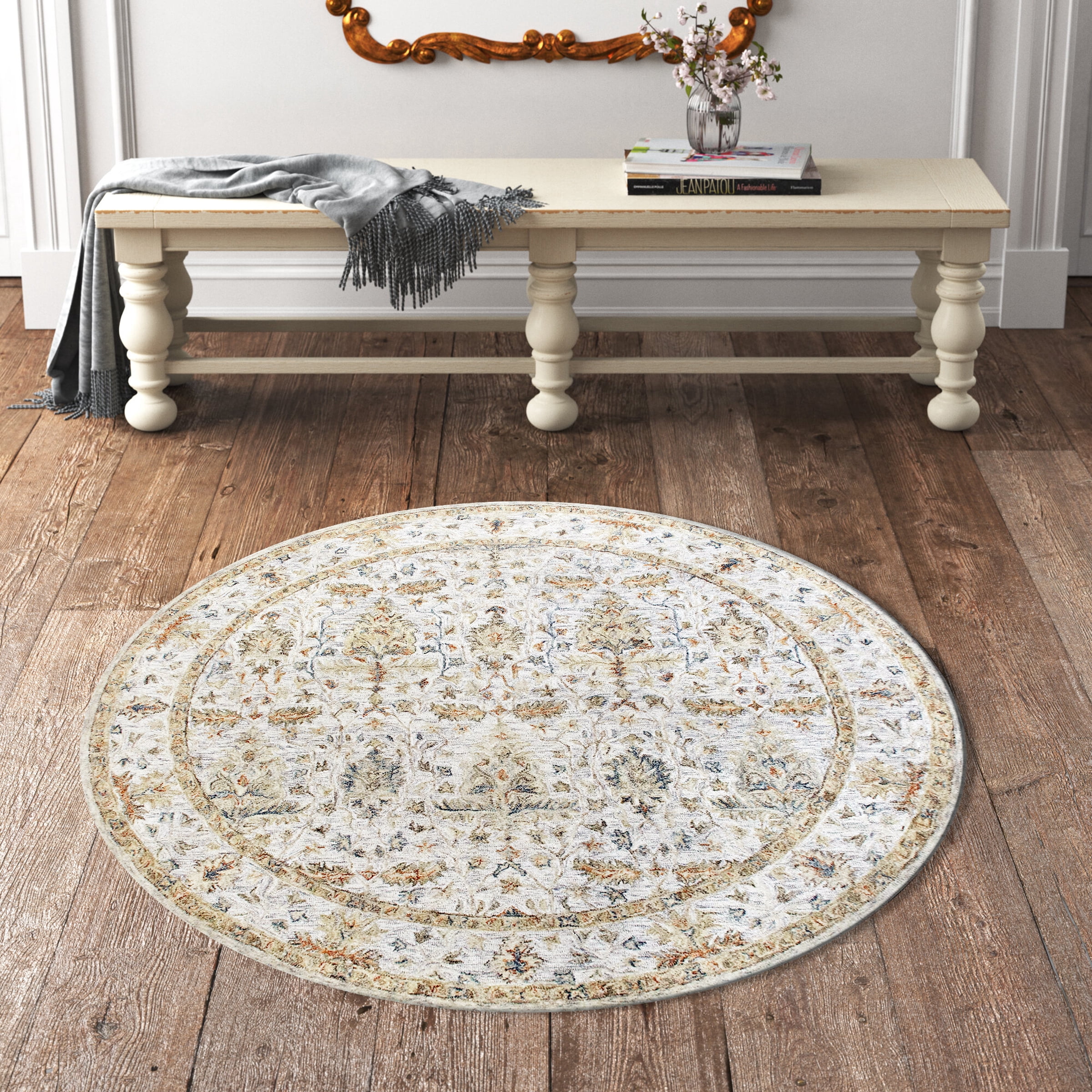 LR Home Viane Credo Silver/Taupe Vintage Floral Wool Round Rug, 8'6" Round