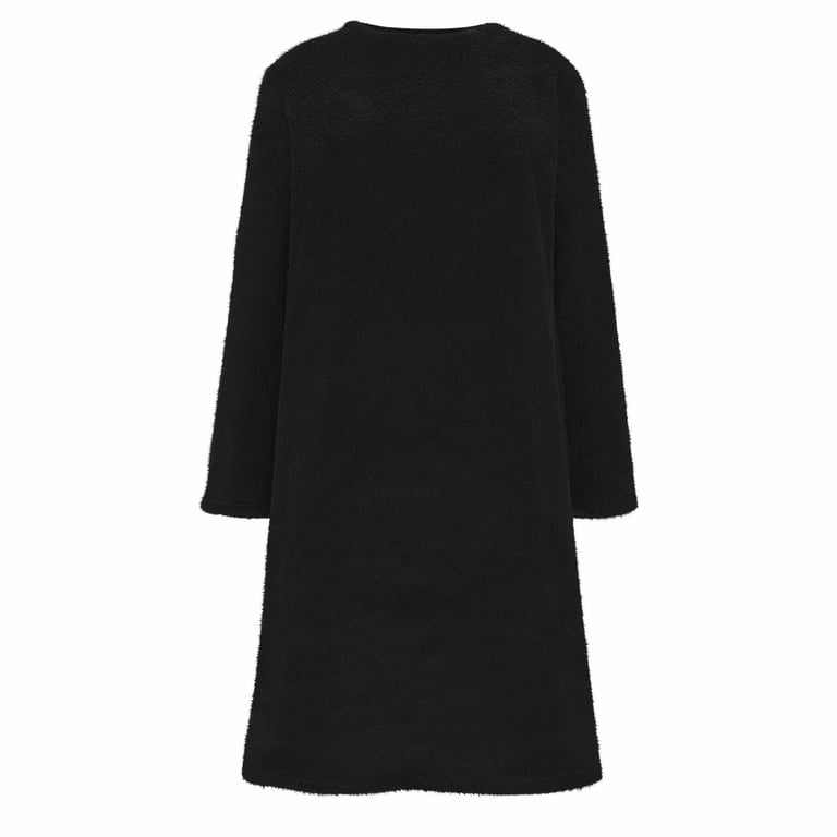 black knit tunic dress Women's Knit Dress with Puff Sleeves for Fall & Winter - Round Neck Casual Tunic  Dress Black XL