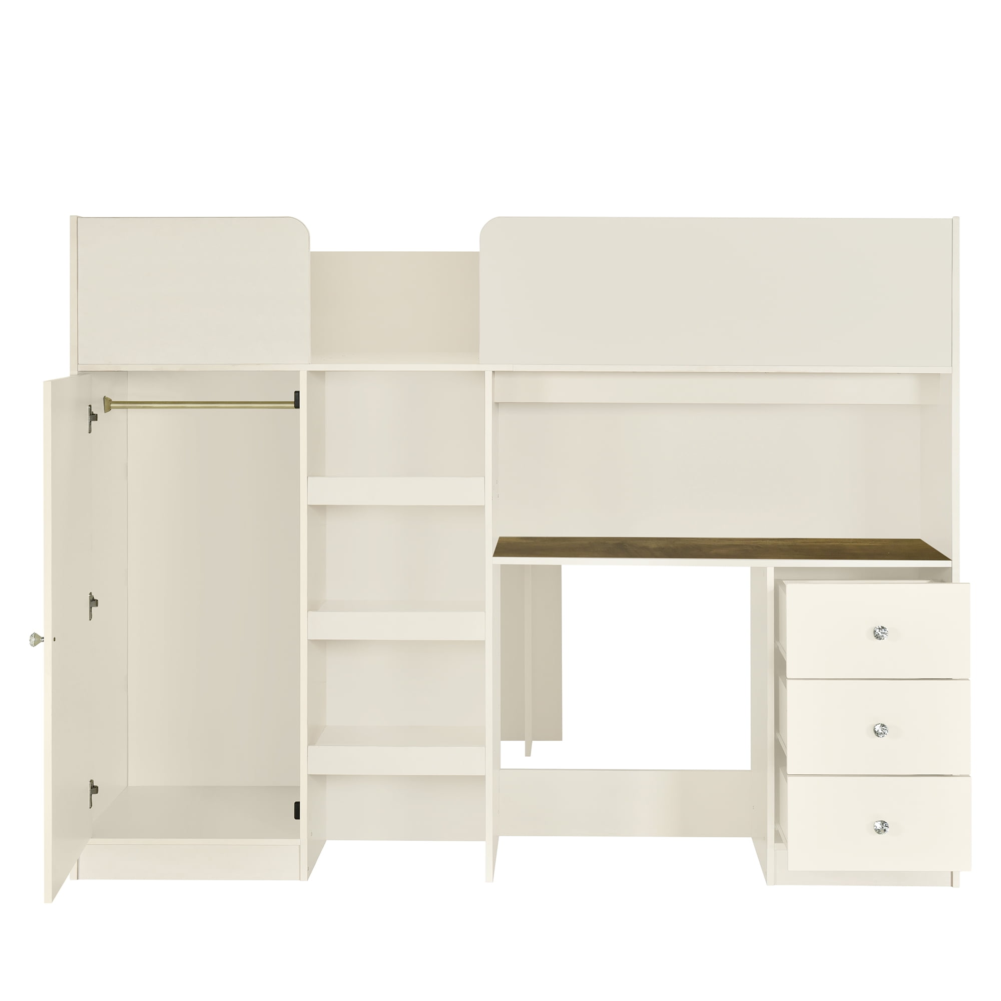 Euroco Wood Full Size Loft Bed with Wardrobe and Desk, 3 Drawers and Shelves for Kids Teens, Beige