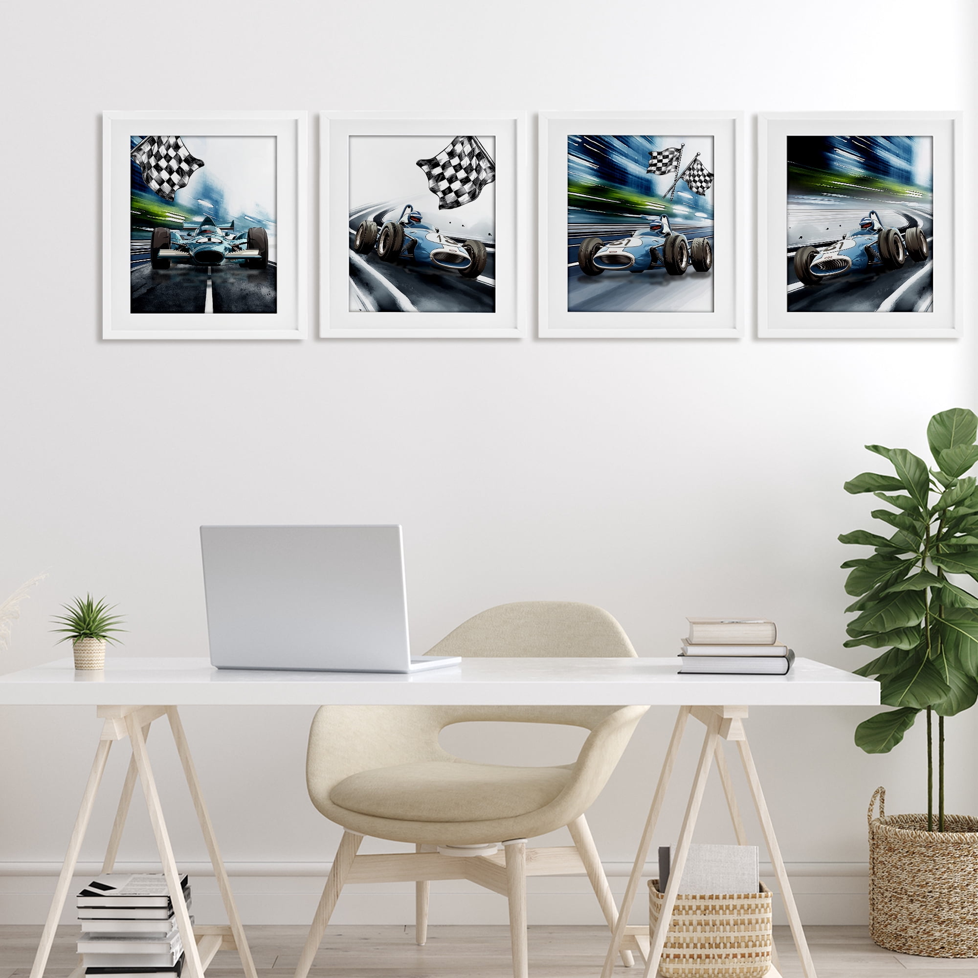 Stupell Industries Ready Set Racecars 4 Piece White Framed Print Under Glass Set, design by Christine Simpson Art