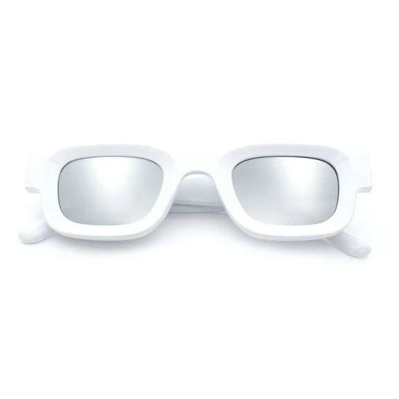 Small Thick Beveled Horn Rim Rectangle Plastic Mod Fashion Sunglasses White - Silver Mirror