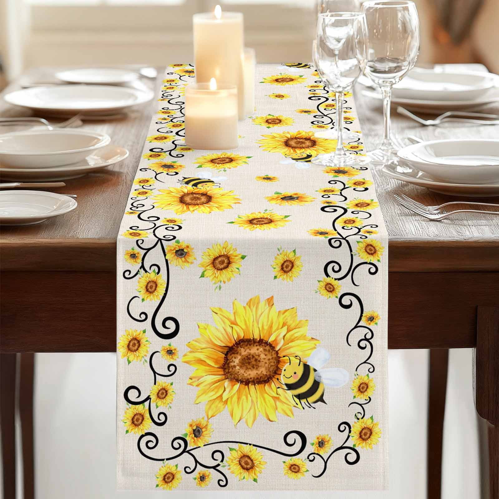 Sunflower Bees Burlap Cotton Table Runner 13x90 Inches Long, Spring Summer Farmhouse Floral Beige Burlap Farmhouse Table Runners, Outdoor Dining Tablecloths Decor for Baby Shower/Party/Wedding