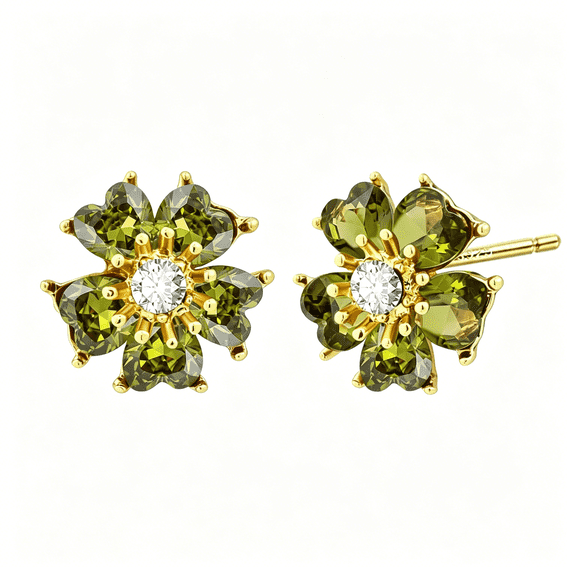 DESIGNICE Olive Green Crystal Flower Floral Stud 14K Gold Plated Cubic Zirconia Earrings for Women Small Statement Earrings Zirconia Earrings for Women