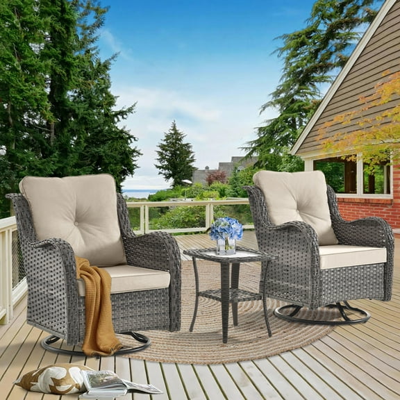 3 Pieces Rattan Outdoor Patio Furniture Set with Swivel Rocker Chairs