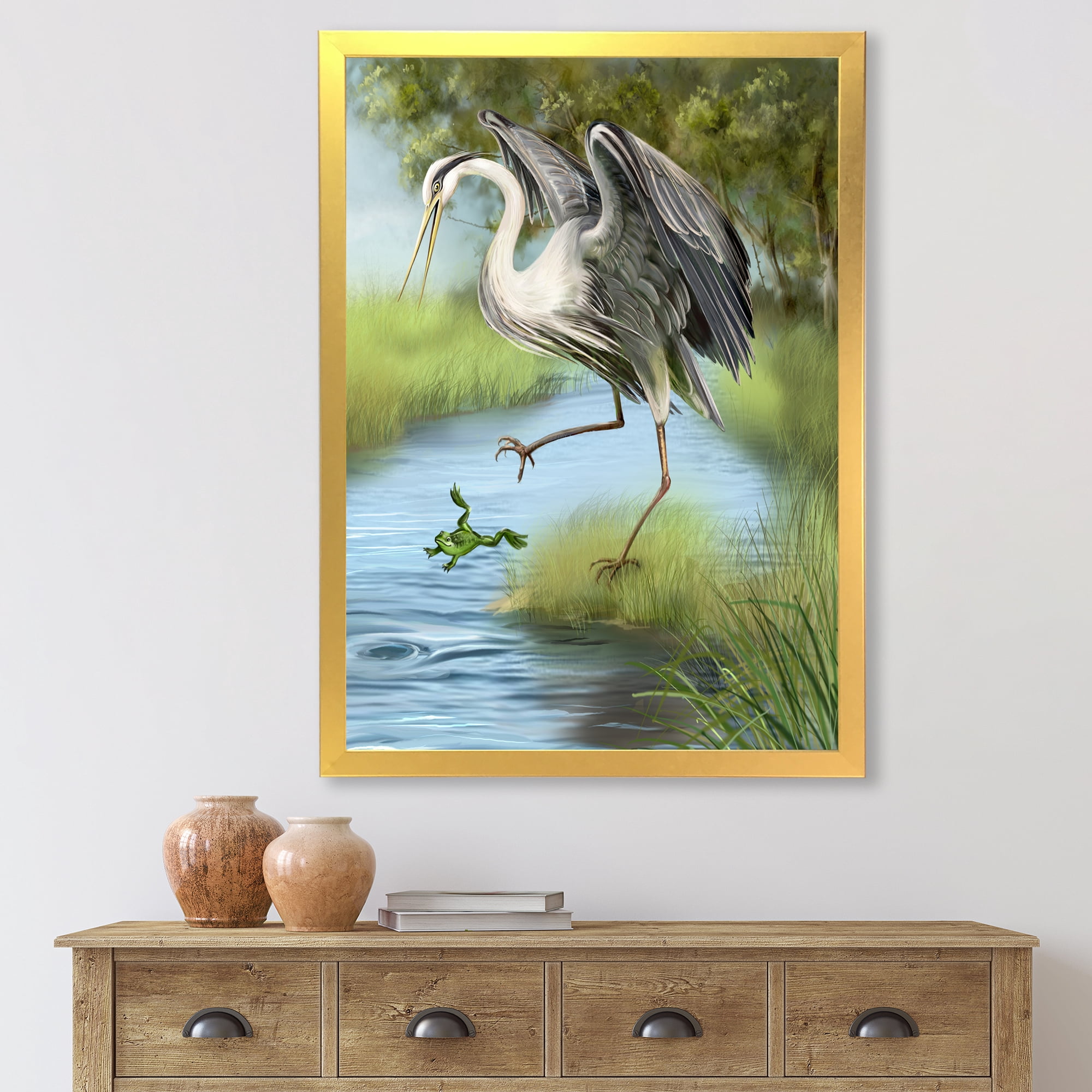 Designart 'Crane Hunting A Frog' Farmhouse Framed Art Print
