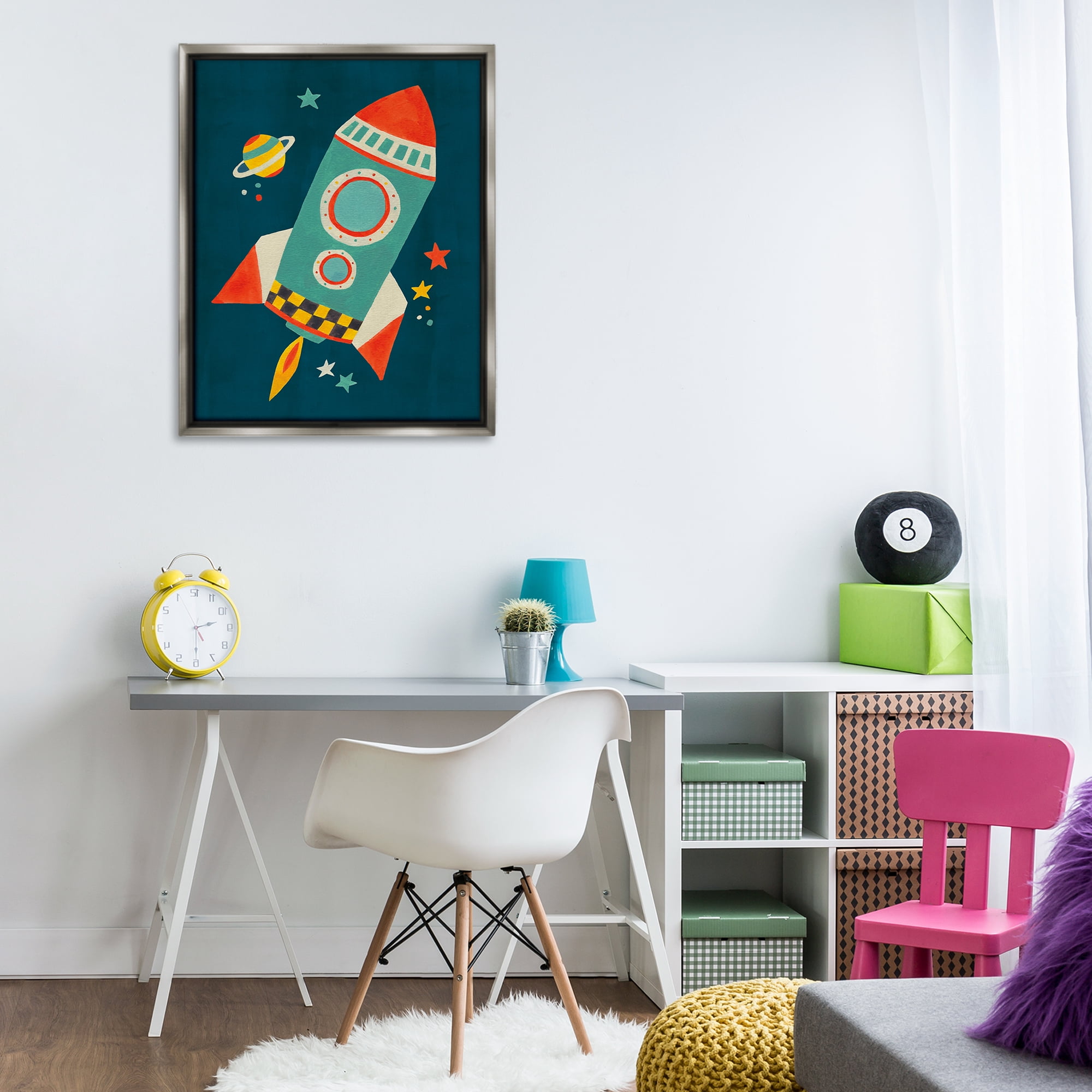 Stupell Industries Rocket Ship in Space Transportation Painting Gray Floater Framed Canvas Art Print Wall Art, 25 x 31