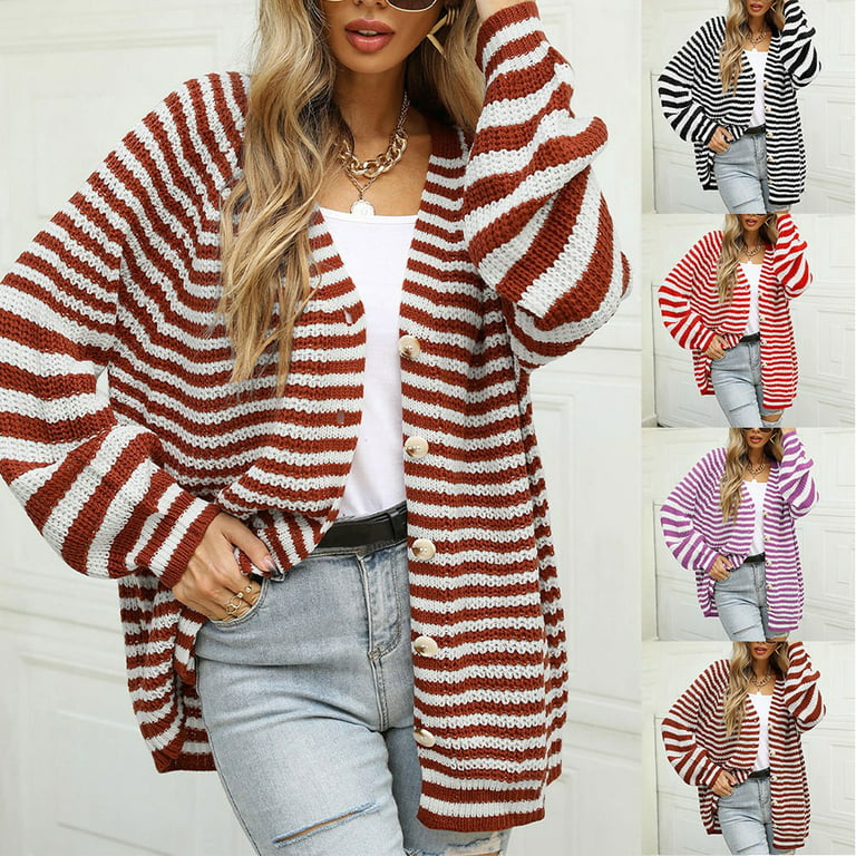 ALSLIAO Womens Color Block Knit Cardigan Sweater Slim V-Neck Long Sleeve  Warm Outwear Red S 