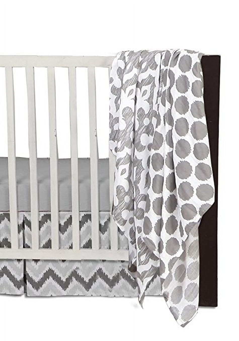 Bacati - Ikat Dots/Damask 4-Piece Crib Bedding Set with 2 Muslin Swadling Blankets, White/Grey