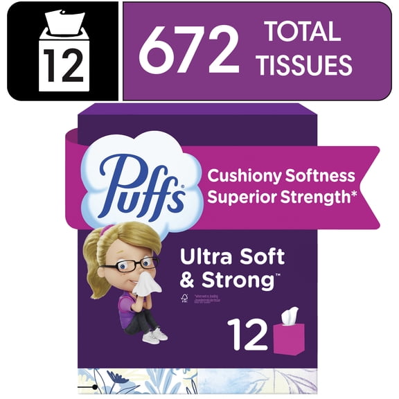 Puffs Facial Tissues Ultra Soft & Strong 56 Tissues per Box, 12 Packs