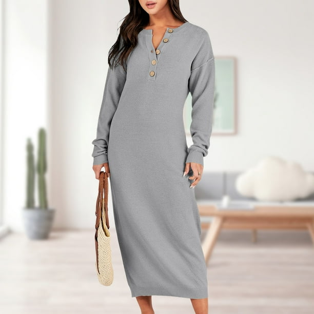 Vestido Maxi Sueter Vestido largo de otono para mujer Vestido de manga larga con cuello redondo Traje de vacaciones de color solido Cgtredaw Gris S para Mujer Bodega Aurrera en linea