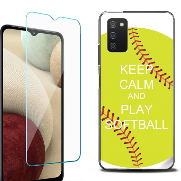 Slim-Fit Protective Fashion Phone Case (Black) for Samsung Galaxy A03s, with Tempered Glass Screen Protector, by OneToughShield ® - Keep Calm Softball
