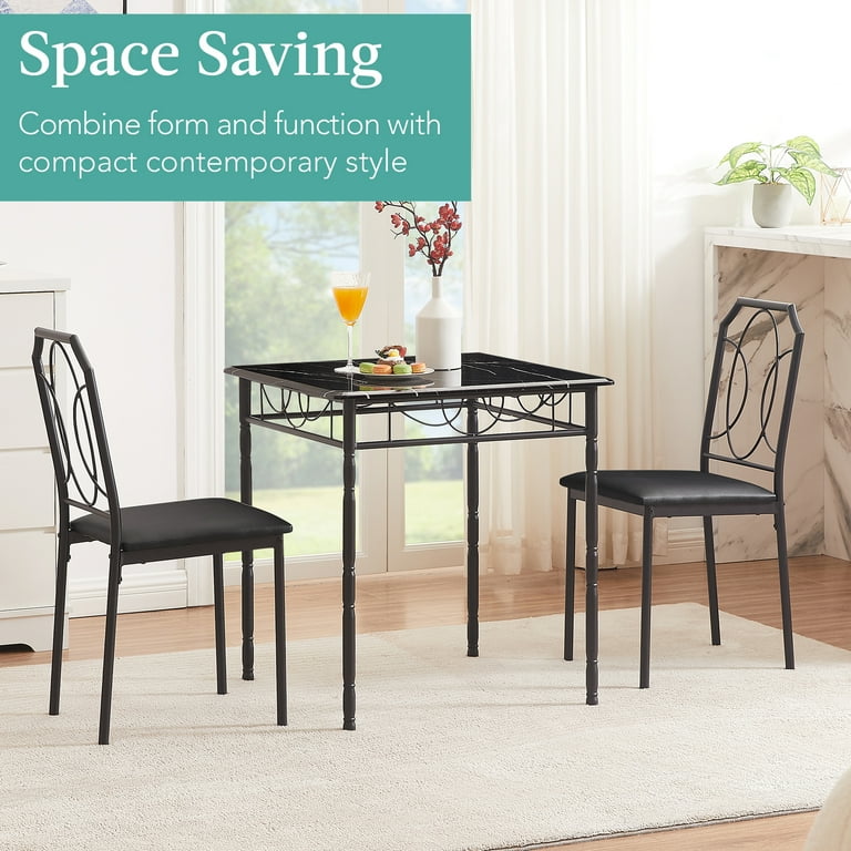 VECELO 3 Piece Dining Table Set with 2 Chairs Wooden Square Table and Soft Cuahion Chair for Home Kitchen Breakfast Nook Small Space Black