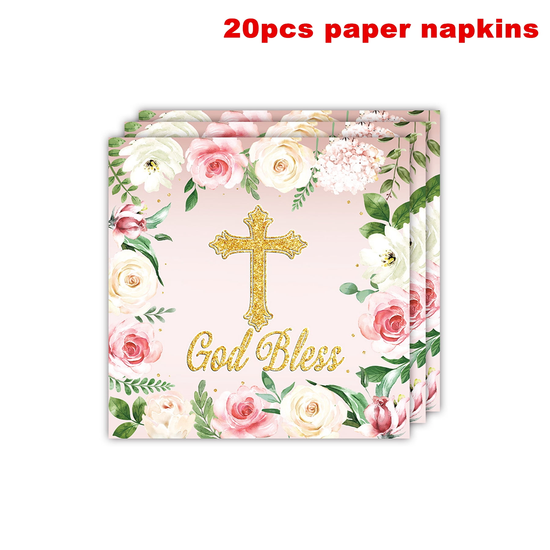 161 Pcs Pink God Bless Tableware Set, Baptism First Holy Communion Party Decorations Supplies for Newborn Baby Shower, Baptism Church Cross White Floral, Serves 20 Guests