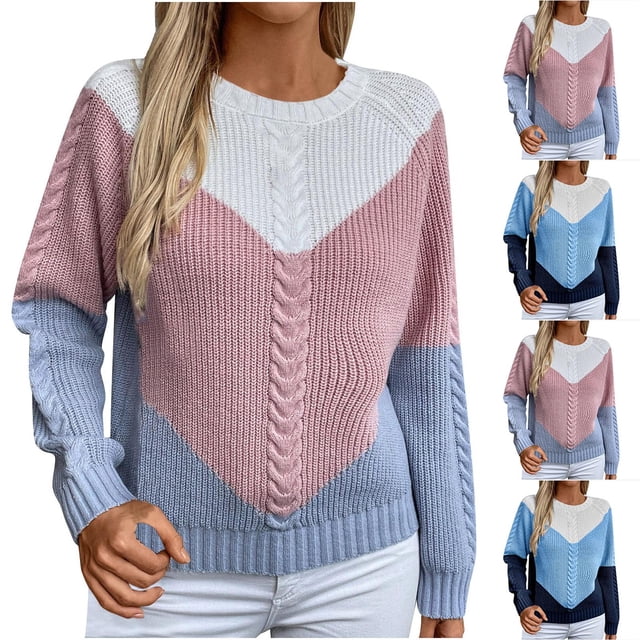 Sentmoon Fall Outfits Crew Neck Long Sleeve Color Block Tops for Women Plus Size Lightweight and Warm Loose Women Active Fall and Winter for Work Appropriate Sweater L