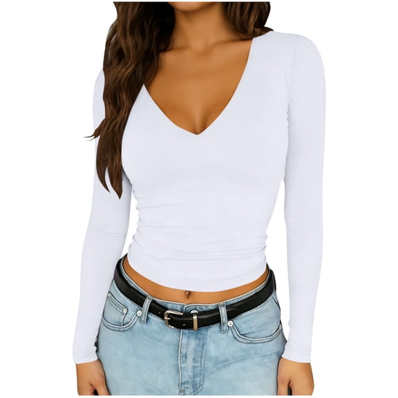Posijego Womens Long Sleeve Shirts Going out Cropped Tops Ladies V Neck Slim Basic Stretchy Tight T-Shirts