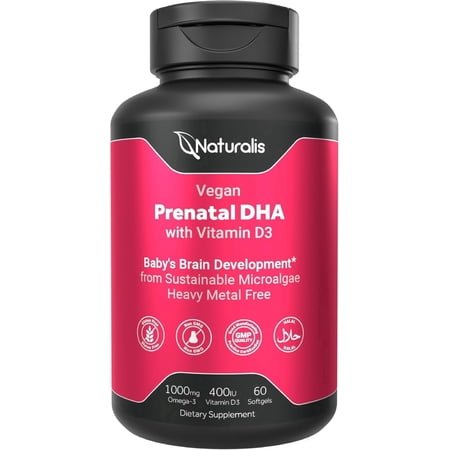Naturalis Vegan Prenatal with Full Specrum Omega-3 | Algae DHA, EPA, DPA, Vitamin D3 & Active Folate L 5-MTHF | Vegan Society Certified, Sustainably Sourced, Non-GMO & Soy Free | 60 Veggie Softgels
