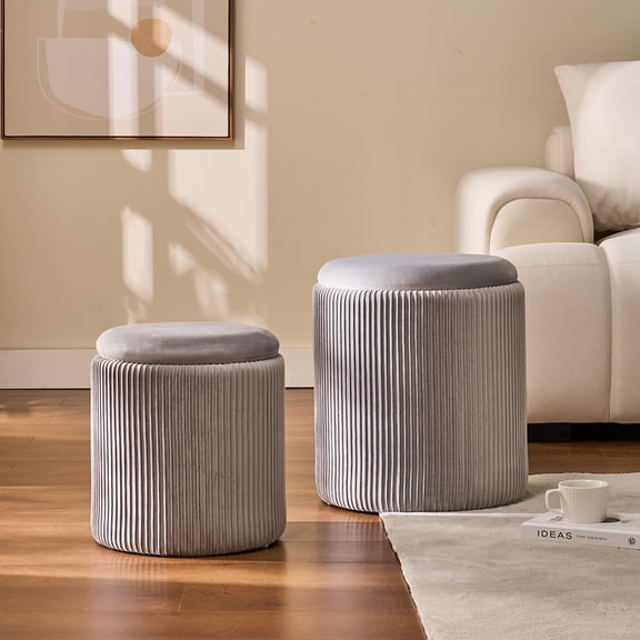 Set of 2 Round Storage Ottoman Light Grey Velvet Ottoman with Storage | Upgrade Tray Lid, Padded Seat, Multifunctional Vanity Stool, Foot Rest & Ottoman Table for Bedroom Living Room