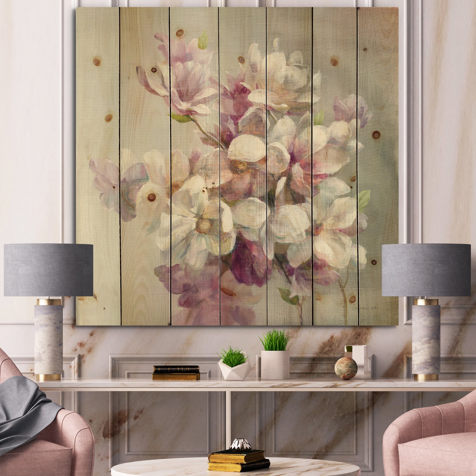 Designart 'Pink Magnolia Flowers' Shabby Chic Print on Natural Pine Wood
