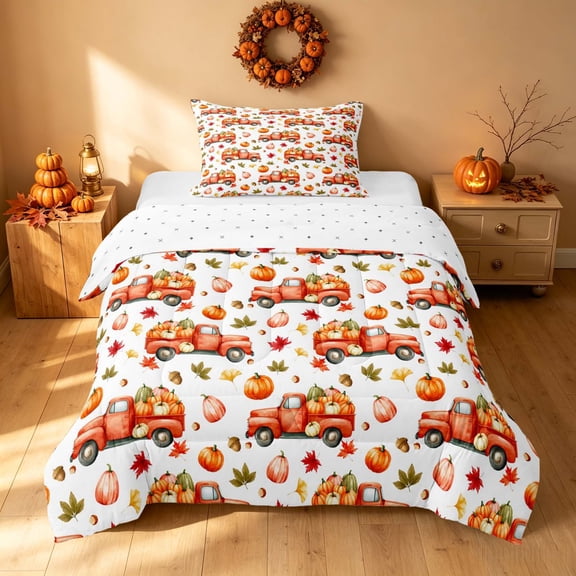Homewish HFarm Truck Pumpkin Twin Comforter Sets, Autumn Maple Leaf Bedding Set, White Orange, Reversible, 2pcs 1 Comforter and 1 Pillowcase