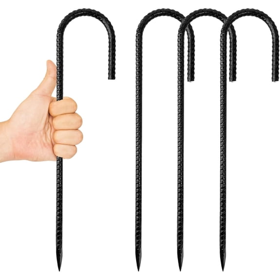 4 Pcs Rebar Stakes Heavy Duty J Hook, 12-Inch J Hook Rebar Stakes, Galvanized Steel Ground Anchors for for Tents, Plants, Fences and Trampolines