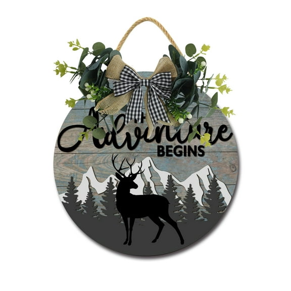 The Adventure Begins Wooden Front Door Sign Rustic Round Wreath Wall Hanger Porch Decor Spring and Summer Farmhouse Decoration Housewarming Gift 11 Inches