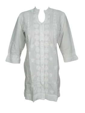 Mogul Womens FLORAL White Tunic Long Sleeves Button Front Ethnic Cotton Blouse Kurti XS