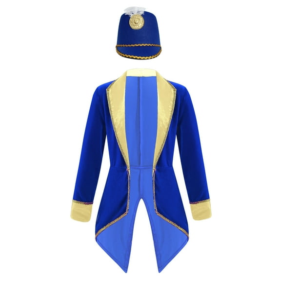 iiniim Girls Circus Drummer Long Sleeves Tuxedo Coat with Drummer Cap Set Halloween Cosplay Royal Blue 16