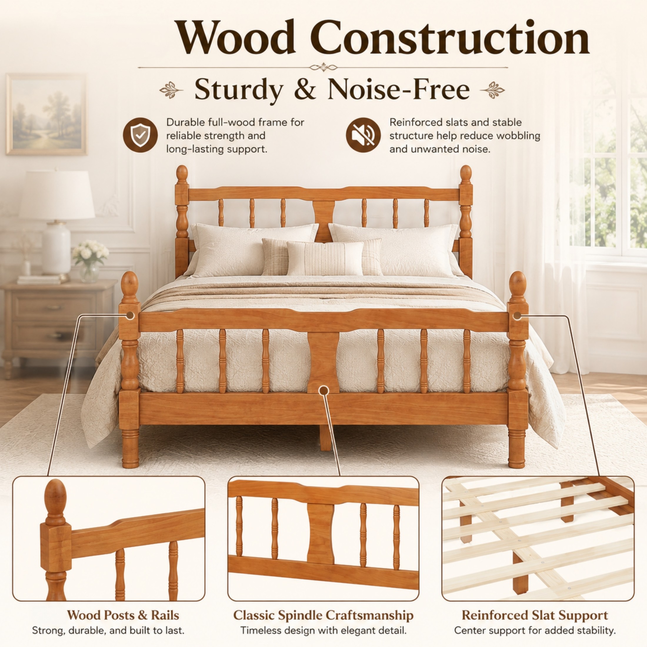GDF Studio Betty Twin Size Wooden Platform Bed Frame with Spindle Headboard, Traditional Farmhouse Style, Walnut