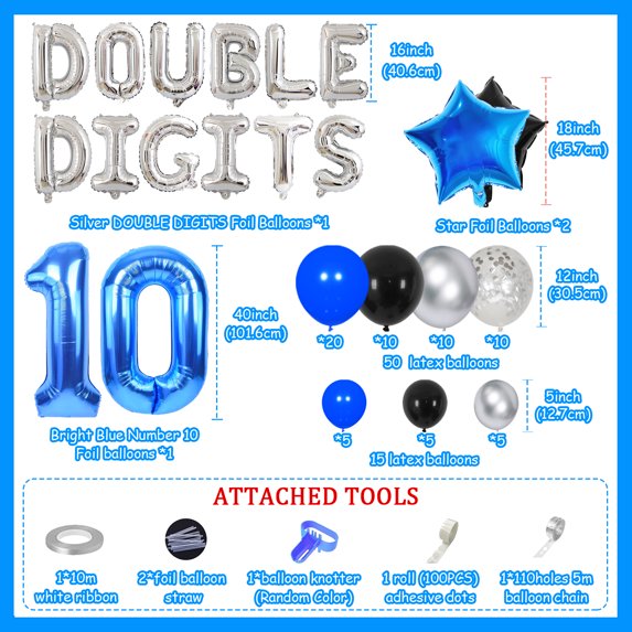Blue Double Digits Happy 10th Birthday Decoration, Blue Black Balloon Garland Arch Kit, Double Digits Letter Aluminum Film Balloons, Number 10 Foil Balloons for 10th Daughter Birthday Party Supplies