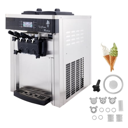 KFFKFF Commercial Soft Serve Ice Cream Machine, 5.3-7.4 Gal/Hour Output, LED Display, Auto Cleaning, 3 Flavor Options, Ideal for Restaurants and Snack Bars, 2200W, Silver
