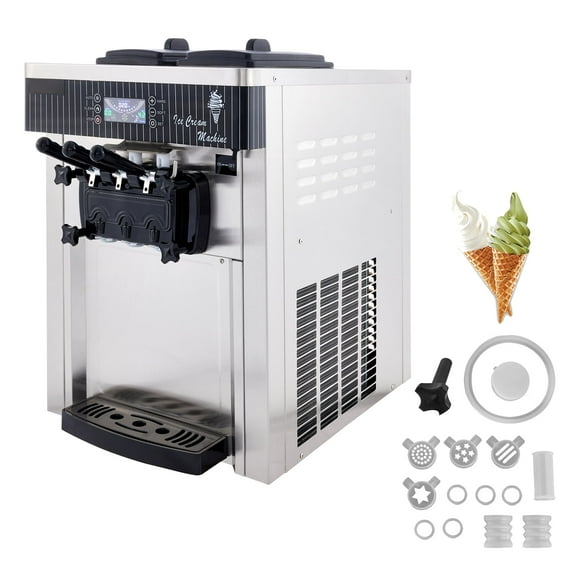 KFFKFF Commercial Soft Serve Ice Cream Machine, 5.3-7.4 Gal/Hour Output, LED Display, Auto Cleaning, 3 Flavor Options, Ideal for Restaurants and Snack Bars, 2200W, Silver