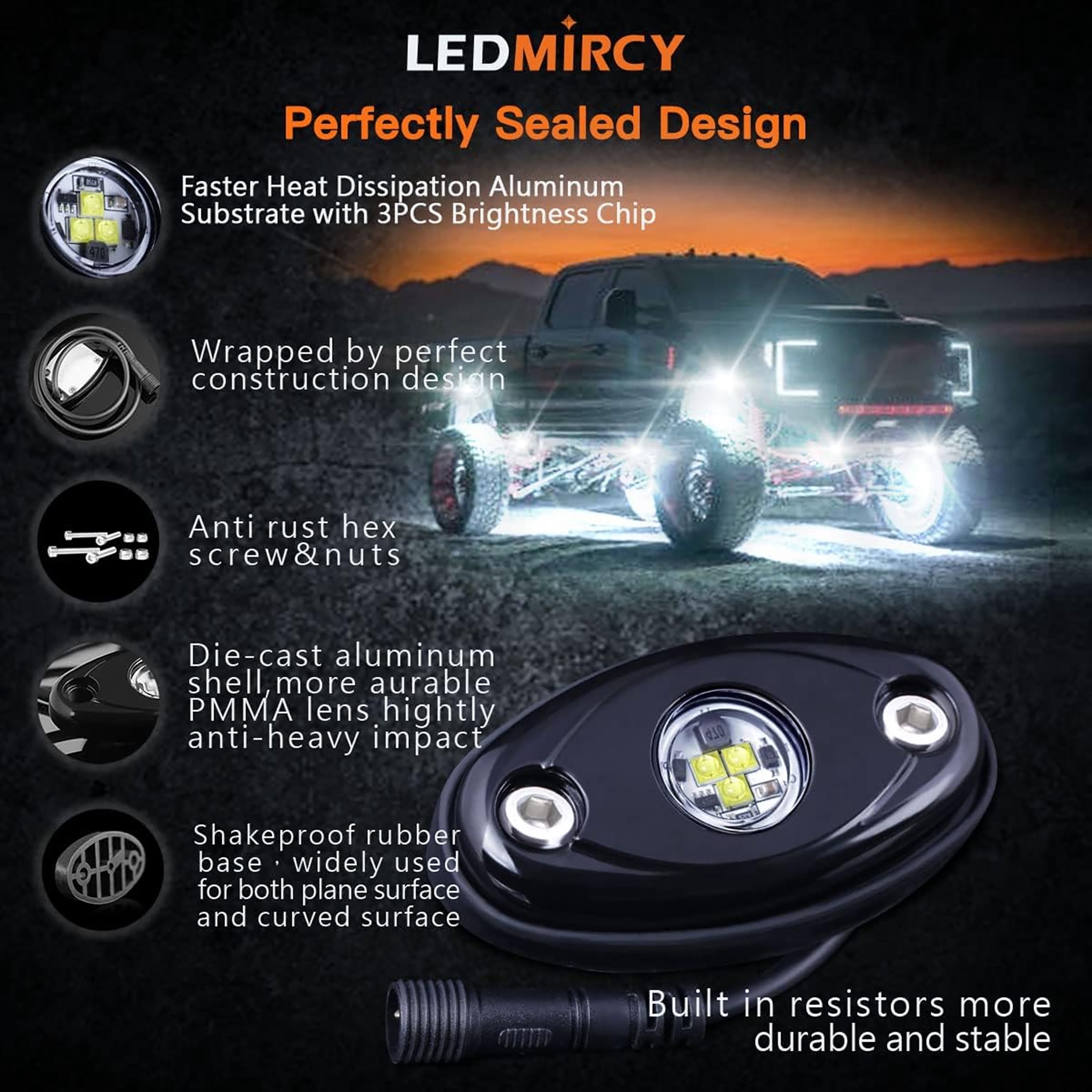 LEDMIRCY R1 Pure White LED Rock Light Kit, 12PCS, Rocker Switch Harness, Waterproof for Trucks, off road, Atv, Utv, Suv,Underglow