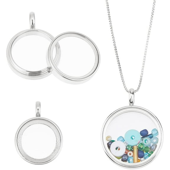 3Pcs 3 Sizes Round Locket Pendant Stainless Steel Memory Locket Charms Clear Picture Frame Charm Floating Charm Glass Living Bouquet Charms for Women Men Necklace Stainless Steel Color